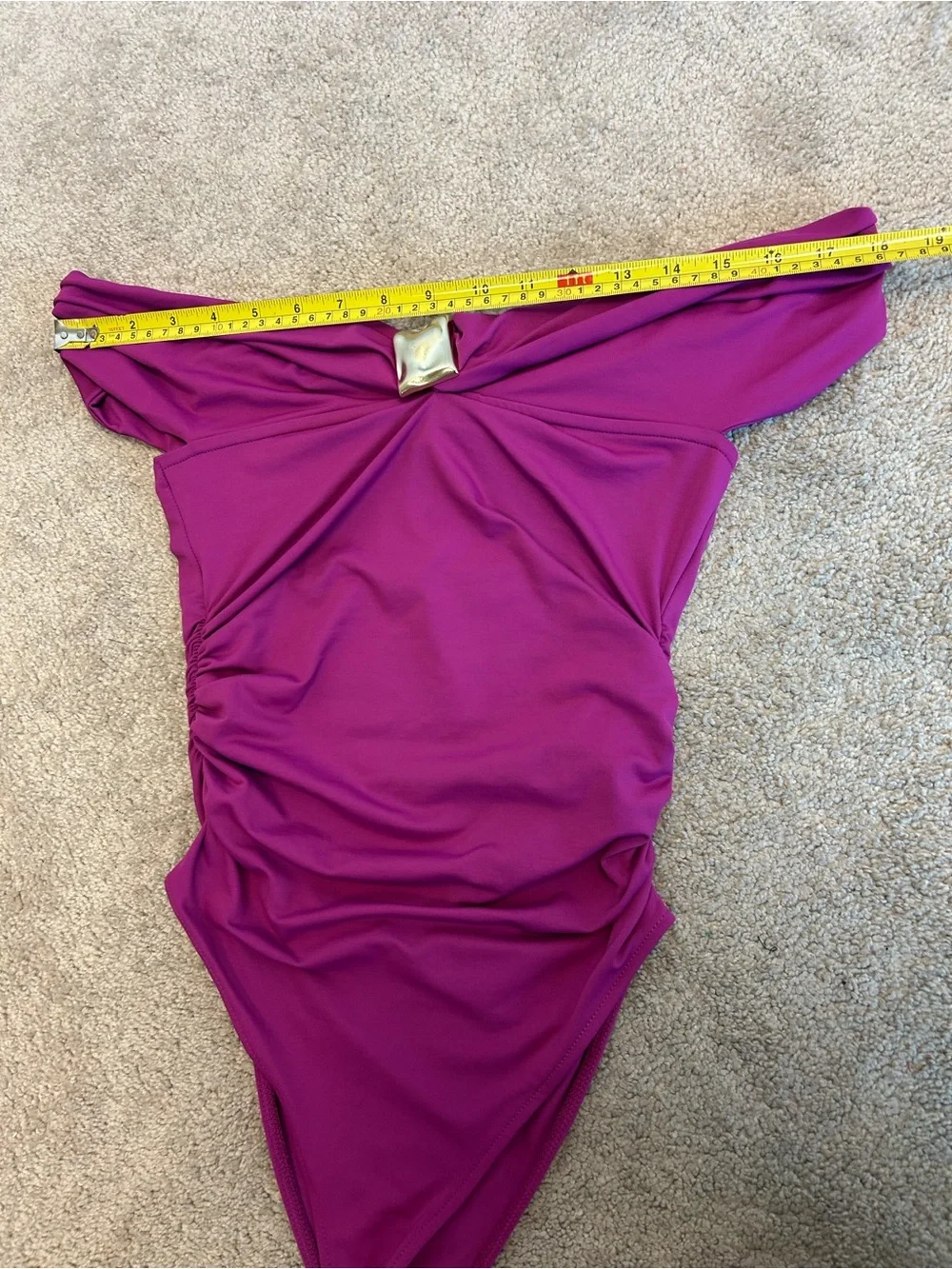 ZARA Magenta Off-the-Shoulder Ruched Bodysuit Gold Hardware Stretch Top Sz M